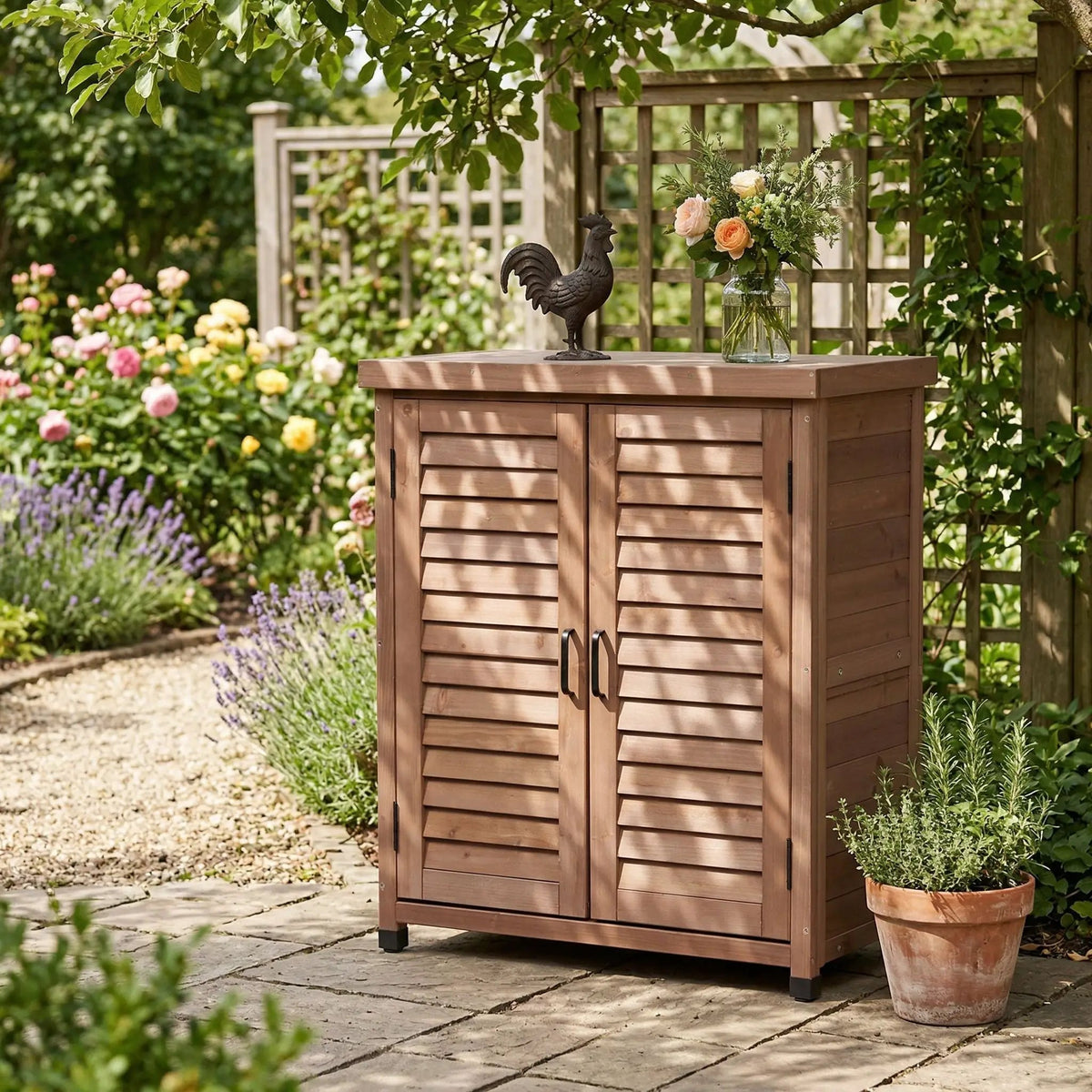 Outdoor Potting Bench | Storage Cabinet | Metal Table Top | Hemlock Wood Construction