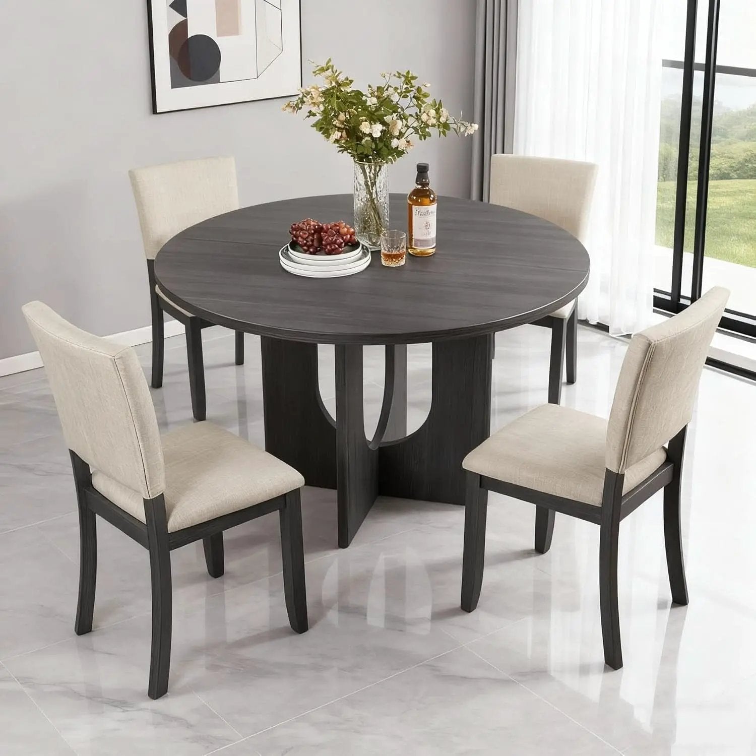 Round Dining Set With 47 Inch Table And Beige Upholstered Chairs from PriceLows™
