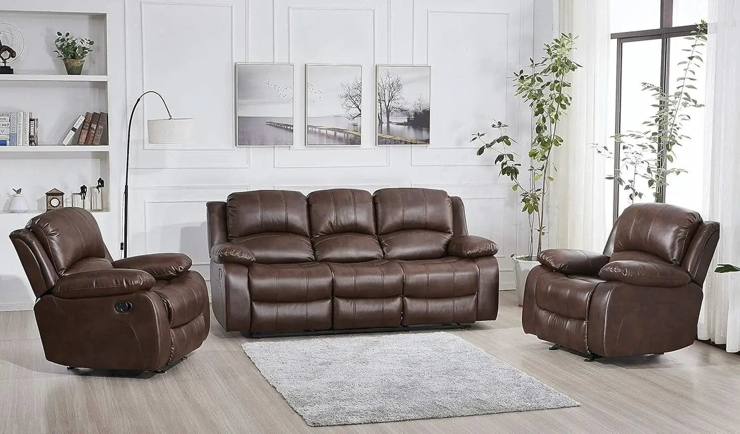 3 Piece Bonded Leather Reclining Sofa Set In Brown from PriceLows™