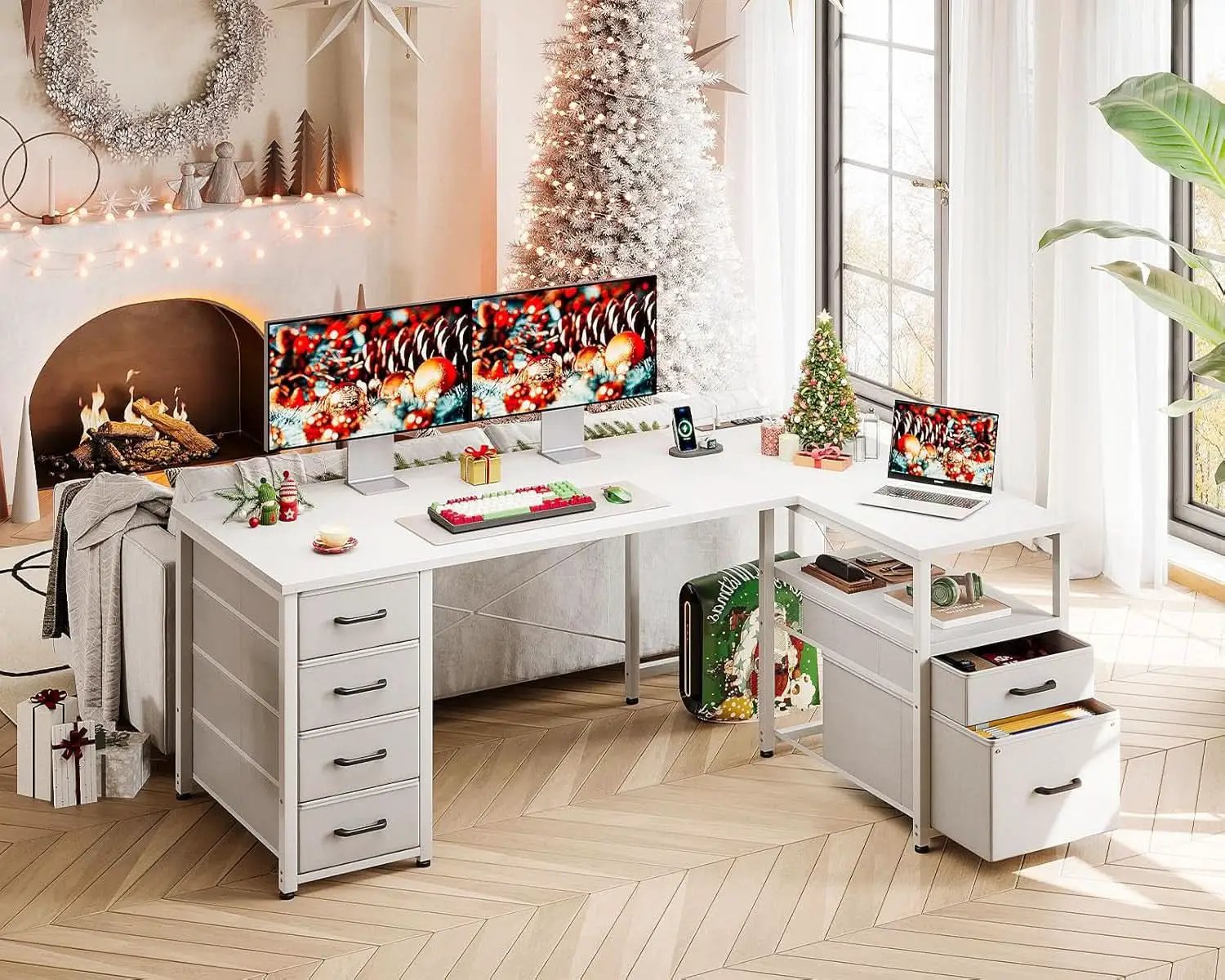 L Shaped Computer Desk 6 Drawers Power Outlet 55In White from PriceLows™