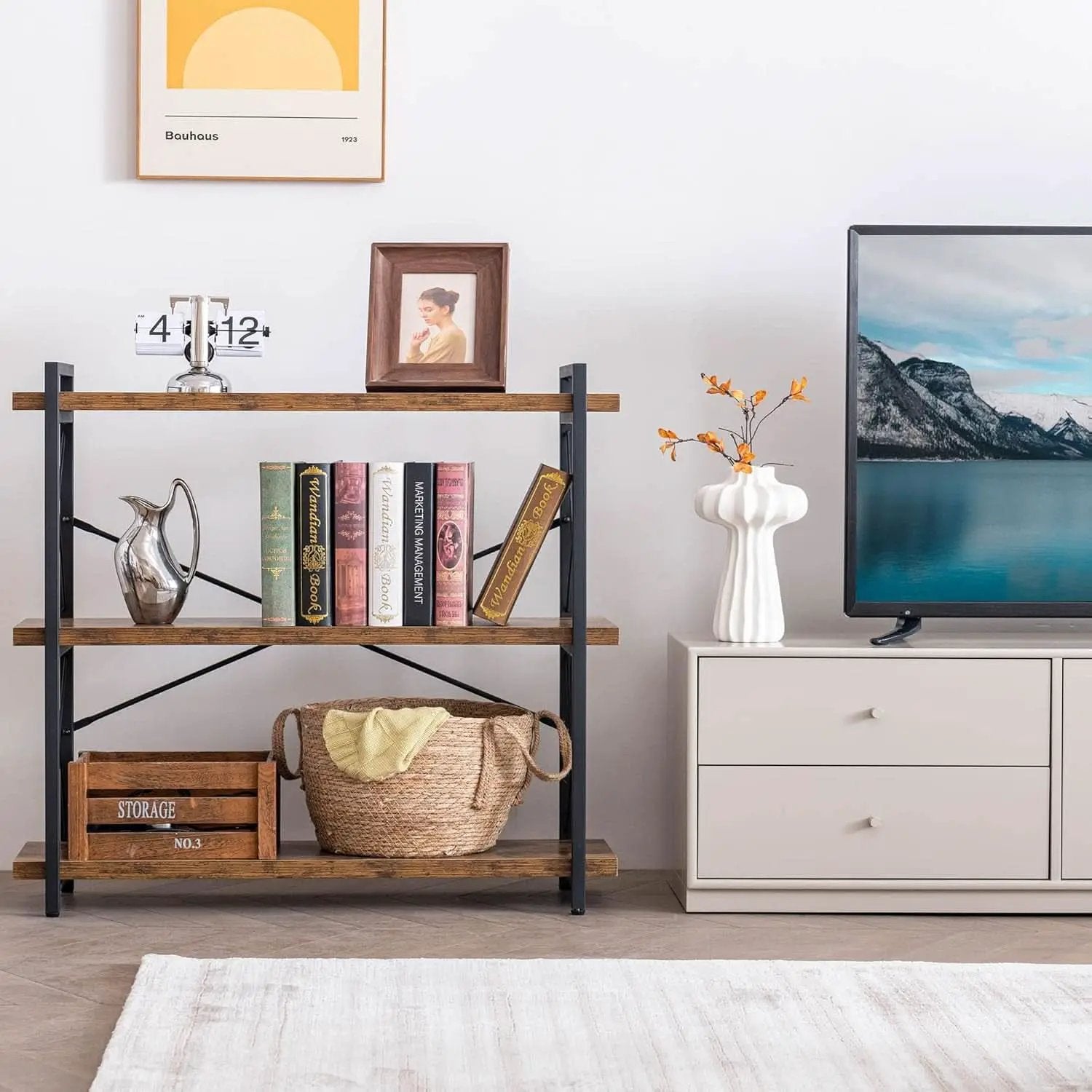 3 Tier Industrial Bookshelf Rustic Wood And Metal Open from PriceLows™