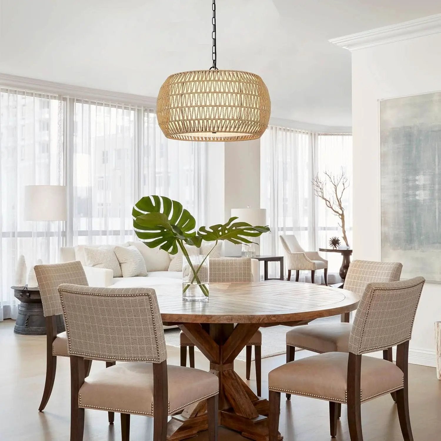 Rattan Farmhouse 5 Light Chandelier With Fabric Shade from PriceLows™