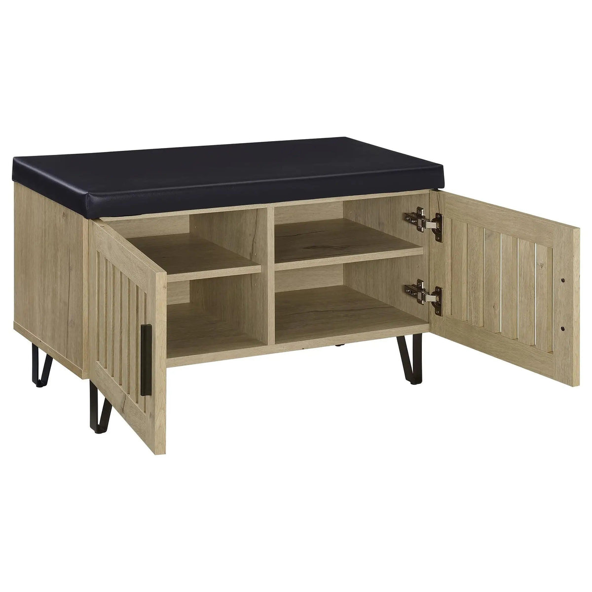 Brixton 2-door Padded Entryway Shoe Storage Bench White Shoe Cabinet | 31.5 x 15 x 19 in | Faux Leather & Metal | Oak