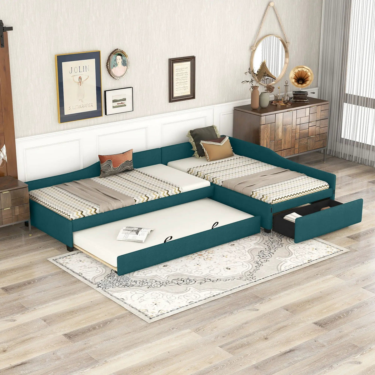 Upholstered Double Daybed | Trundle And Drawer | Two Twin Beds | 120 Inch Length