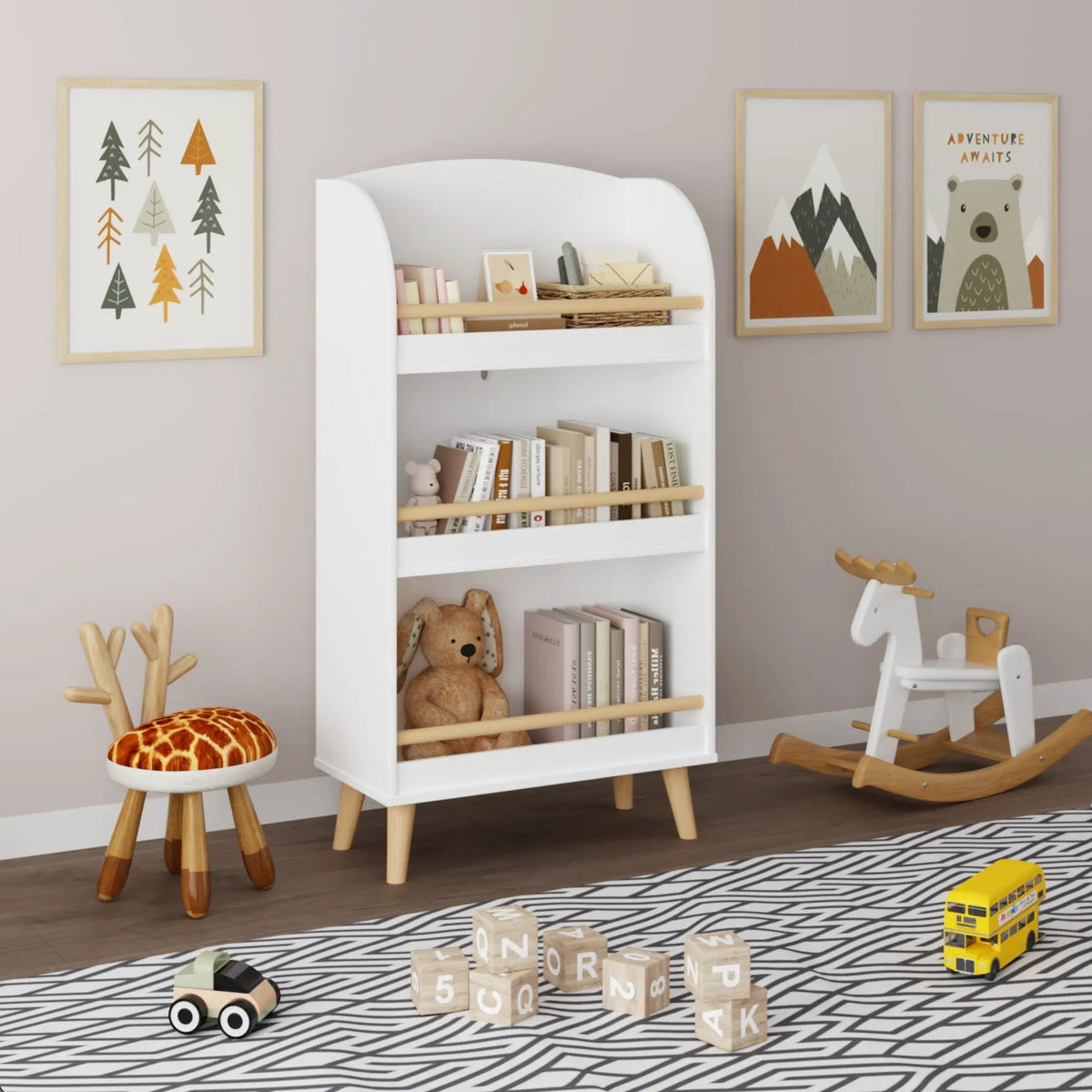 Kids Bookshelf | Three Tier | Safe Toy Storage | White