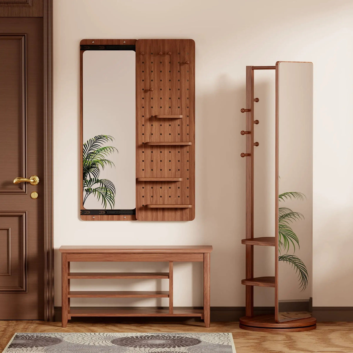 Wall Mounted Full Length Mirror | Shelf And Hook | Solid Rubber Wood | Push-Pull Removable Panel