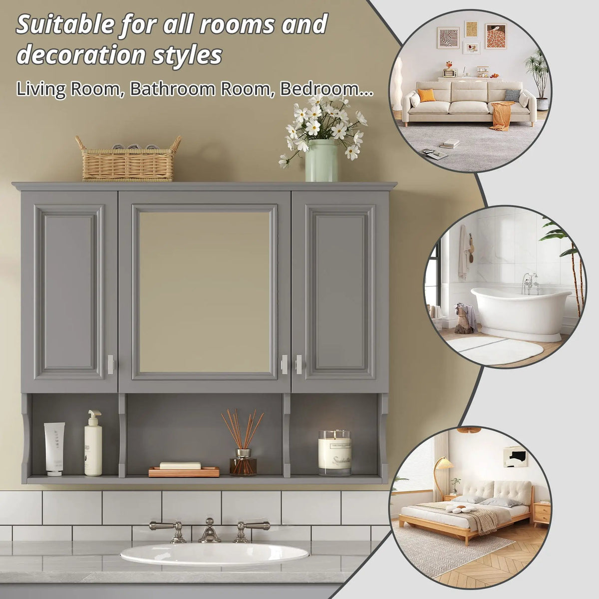 Wall Mounted Medicine Cabinet | Mirror | Open Shelves | 35 Inch Width