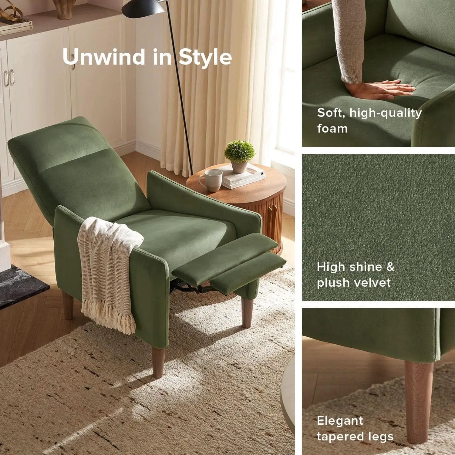 Arthur Olive Green Velvet Recliner Chair With 3 Positions from PriceLows™