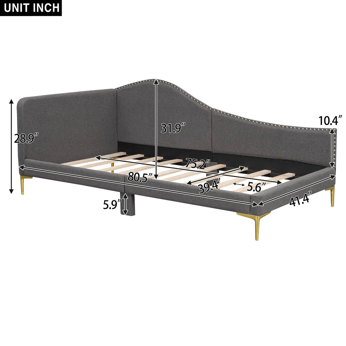 Upholstered Daybed | Headboard And Armrest | Support Legs | 80.5 Inch Length