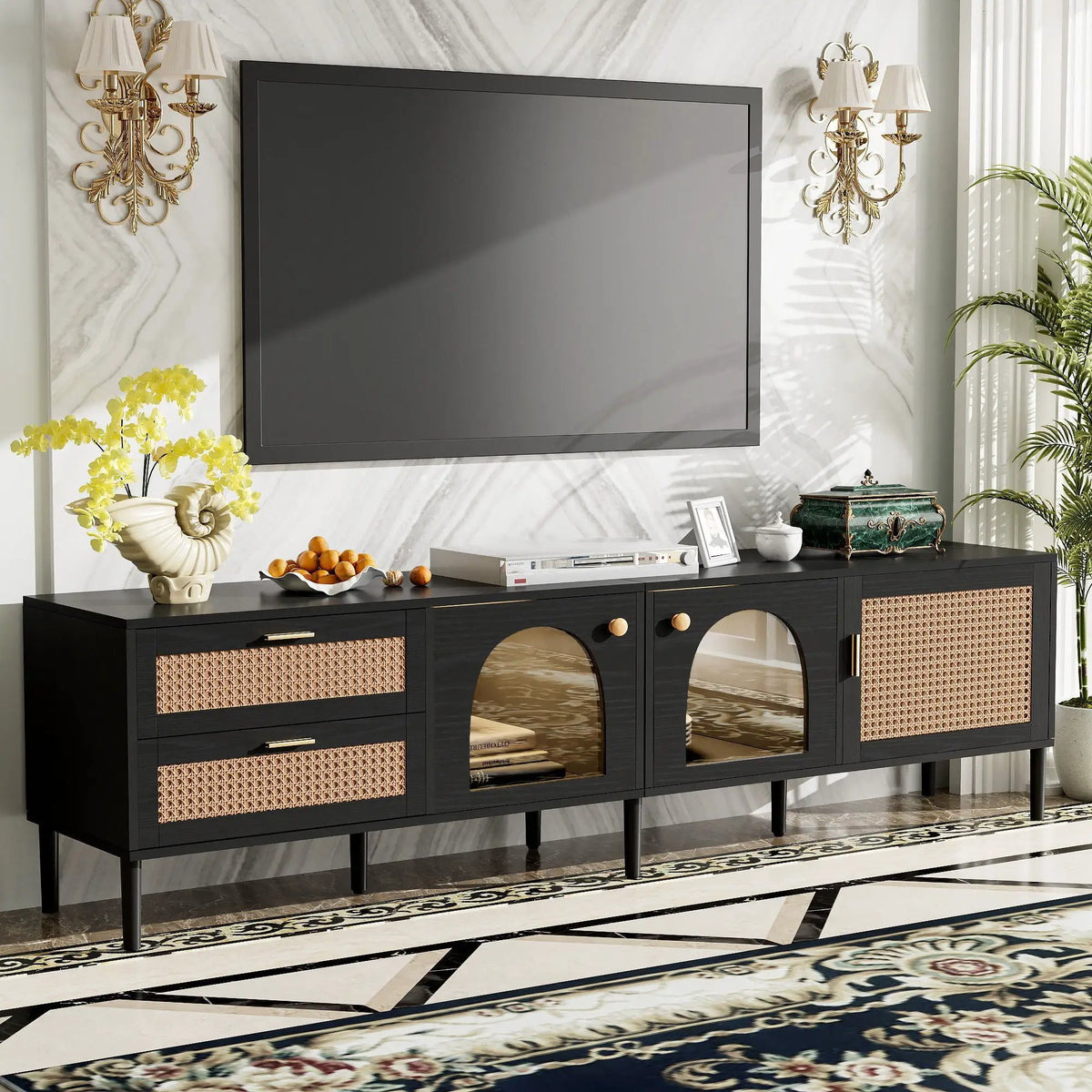 TV Stand | App Controlled LED Lights | Rattan Door Storage | Large TV