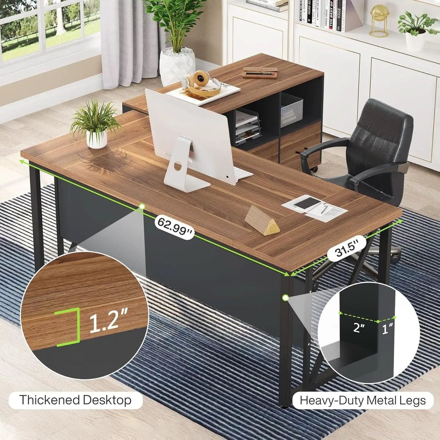 63 Inch L Shaped Desk With 47 Inch File Cabinet Brown Black from PriceLows™