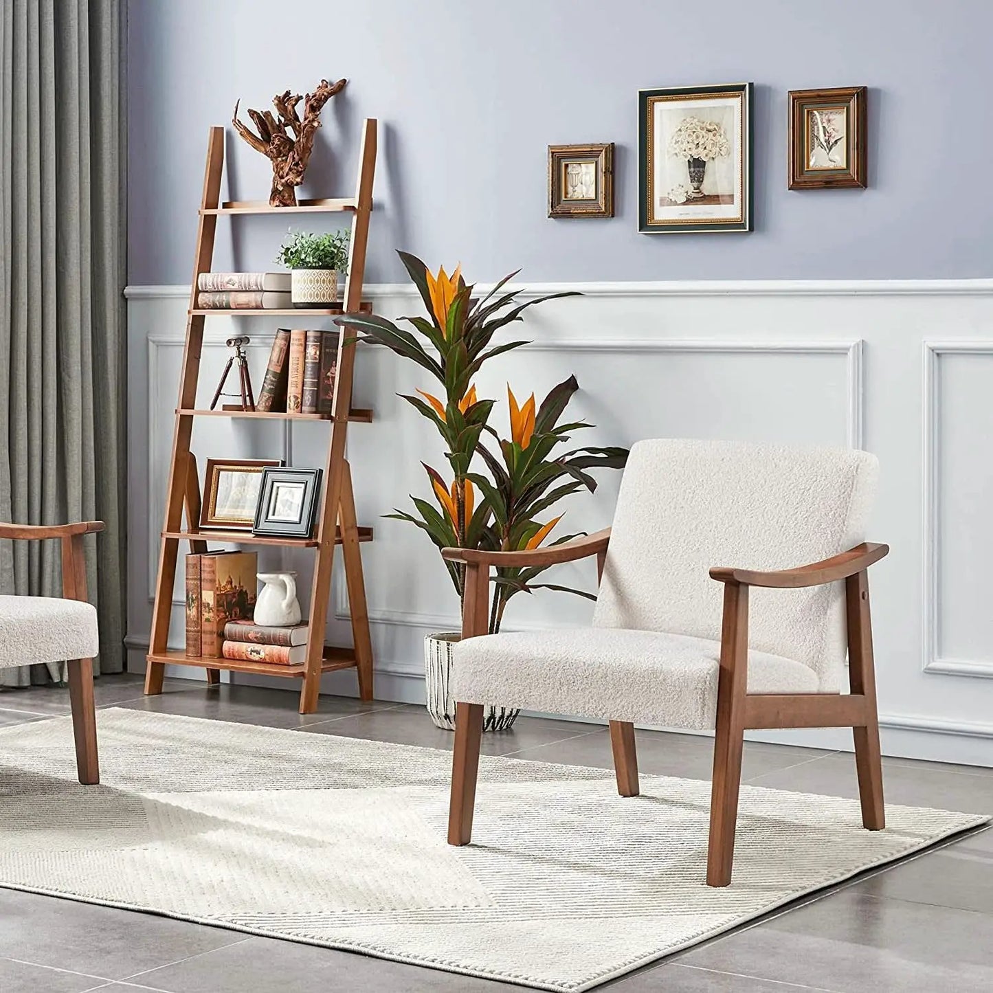 Mid Century Ivory Accent Chair With Wood Legs Boucle Upholstery from PriceLows™