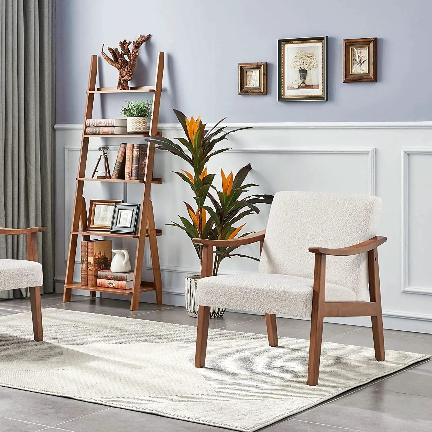 Mid Century Ivory Accent Chair With Wood Legs Boucle Upholstery from PriceLows™