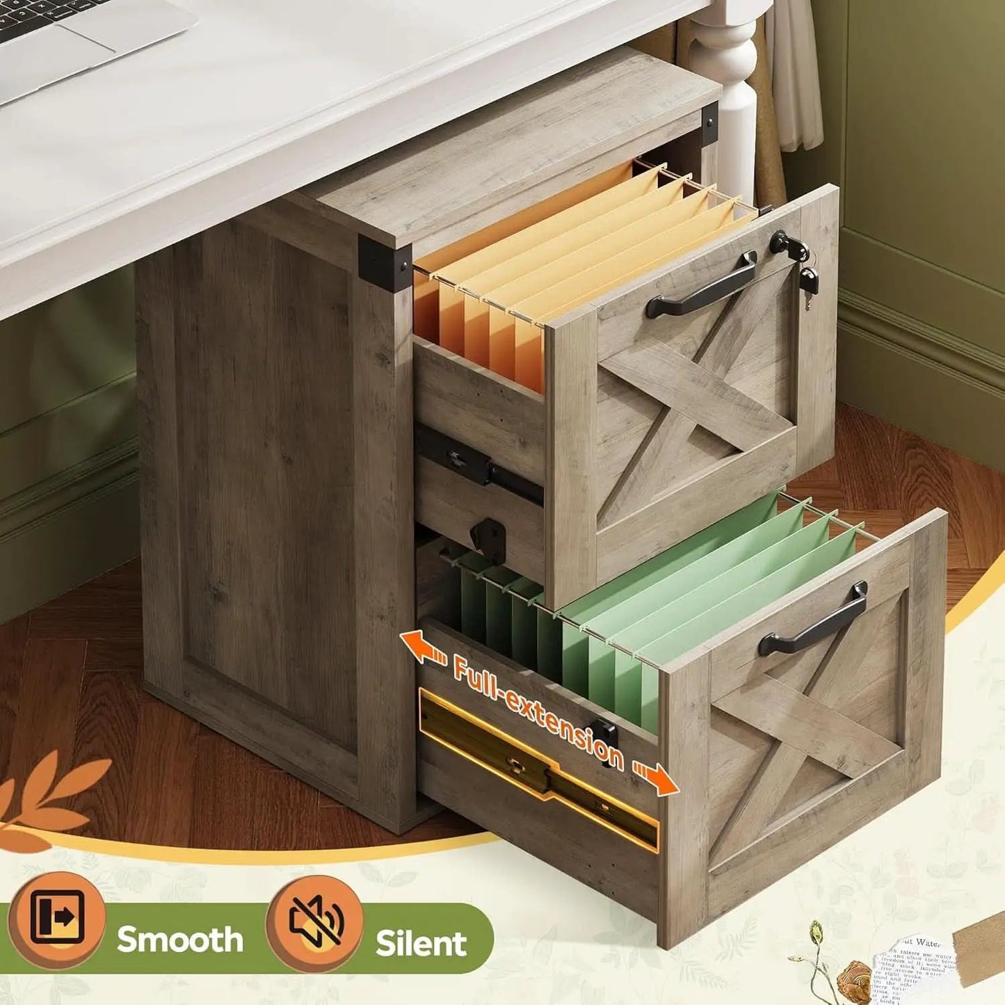 2 Drawer File Cabinet With Lock Gray Oak Farmhouse Home Office Printer Stand Fits Letter A4 from PriceLows™