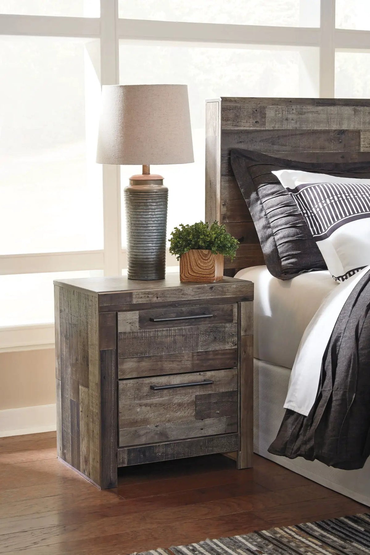 Derekson Panel Bedroom Set | 4-Piece | Rustic Butcher Block Finish | Replicated Pine Grain