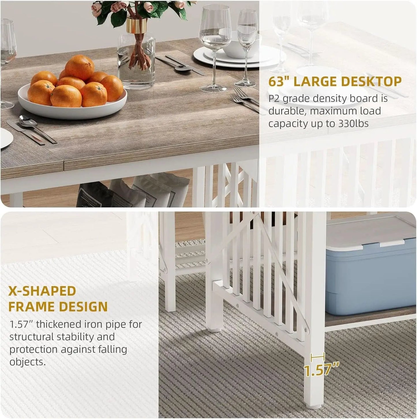 Sixty Three Inch Washed Grey Industrial Style Storage Dining Table from PriceLows™