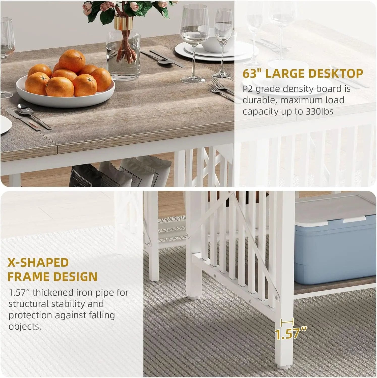 Sixty Three Inch Washed Grey Industrial Style Storage Dining Table from PriceLows™