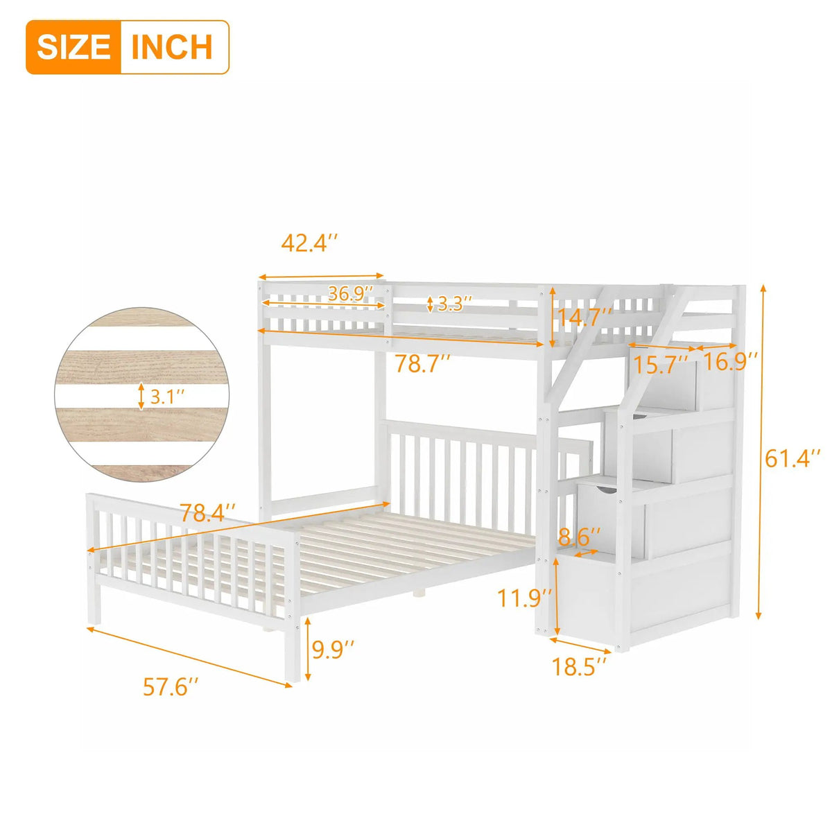 Loft Bed | Staircase Storage | High Guardrails | Twin Size