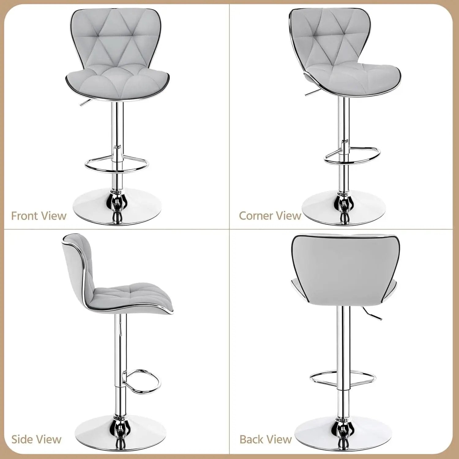 Bar Stools Set Of 2 Adjustable Swivel PU Leather Light Grey from PriceLows™