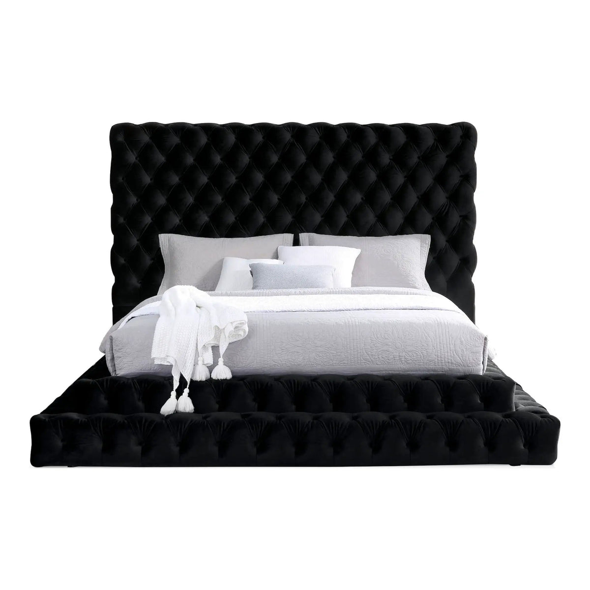 Tufted Platform Bed | Oversized Headboard | Fully Upholstered Frame | Glam Design