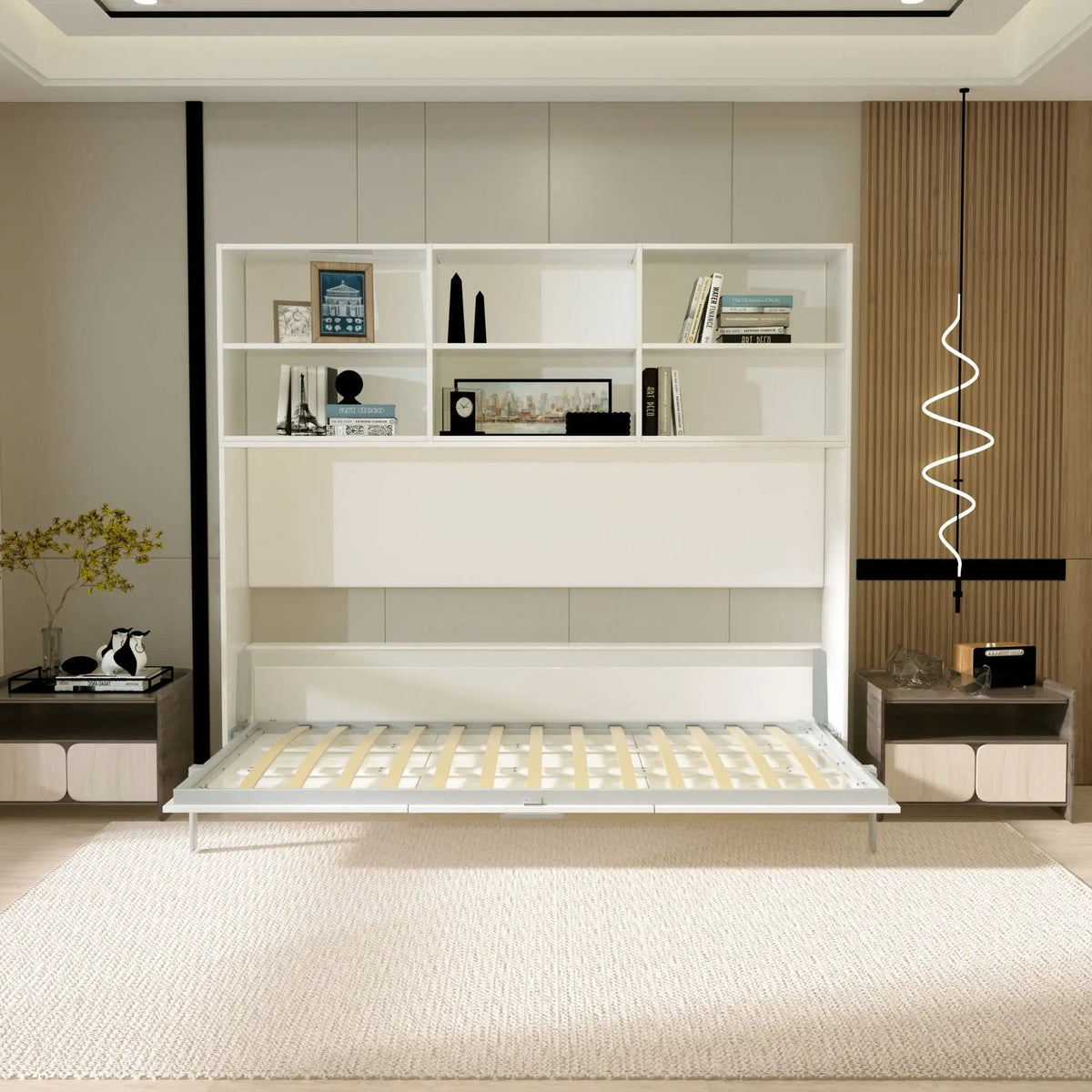 Twin Size Horizontal Murphy Bed | Gas Struts | White | Double Layer Shelf
