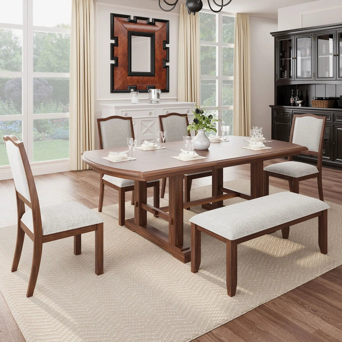6 Piece Extendable Dining Table Set, Wood Table With Removable Leaf, 4 Upholstered | 6-Piece Set | Solid Wood & Linen | Cherry