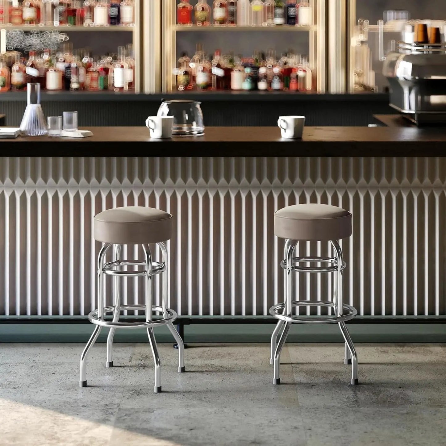Bruno 2 Pack Chrome Bar Stools Beige Seats Swivel Set from PriceLows™