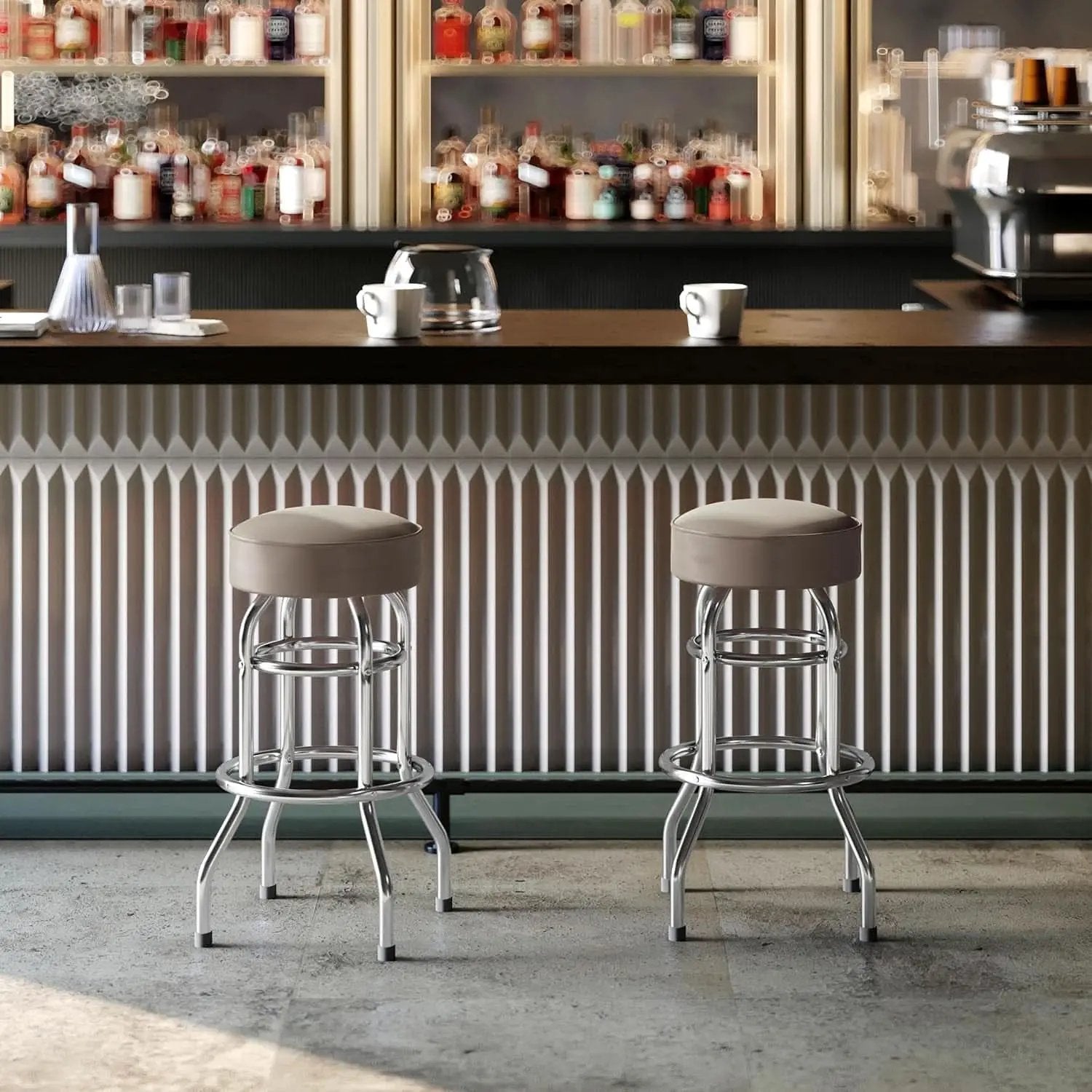 Bruno 2 Pack Chrome Bar Stools Beige Seats Swivel Set from PriceLows™