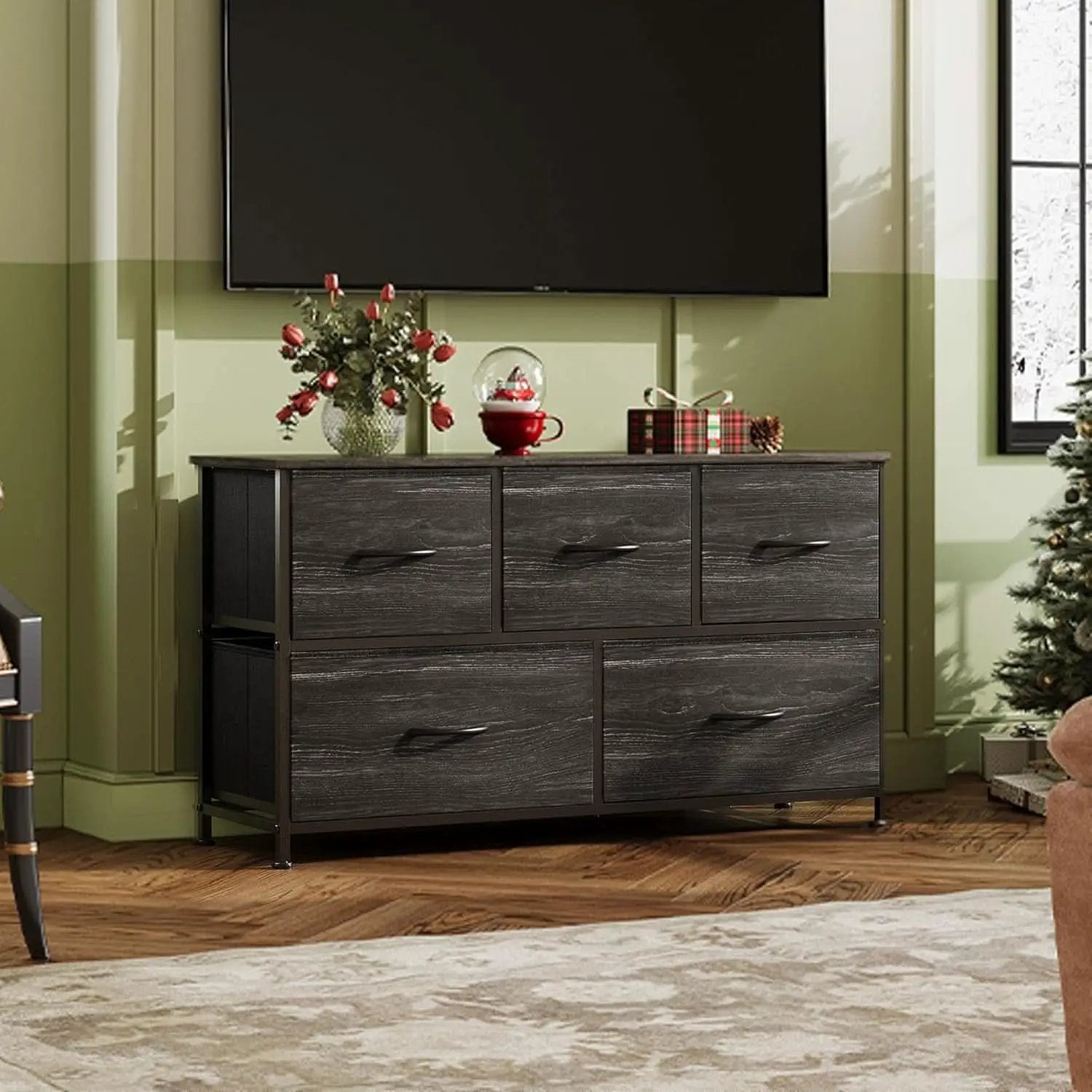 Charcoal Black Wood Grain Dresser With 5 Drawers And Fabric Bins from PriceLows™