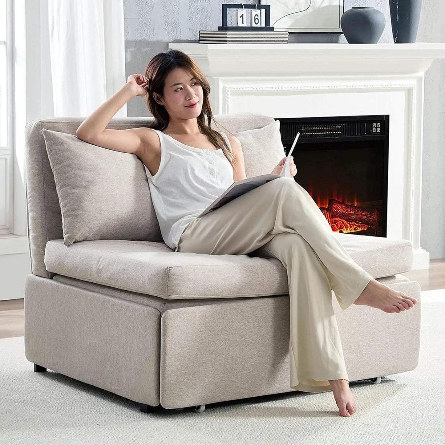 Twin Size Premium Convertible Sofa Bed Sleeper Beige from PriceLows™