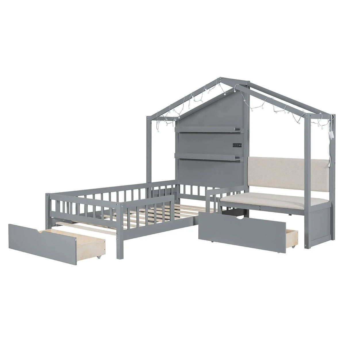 House Bed With Upholstered Sofa, Wireless Charging Station, Shelves And 2 Drawers | 2 Pieces | 2-Drawer | Bedroom