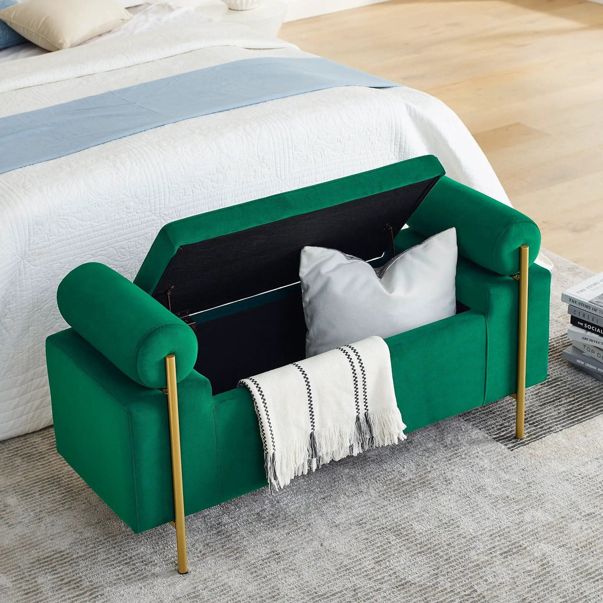 Upholstered Storage Bench | Cylindrical Arms | Iron Legs