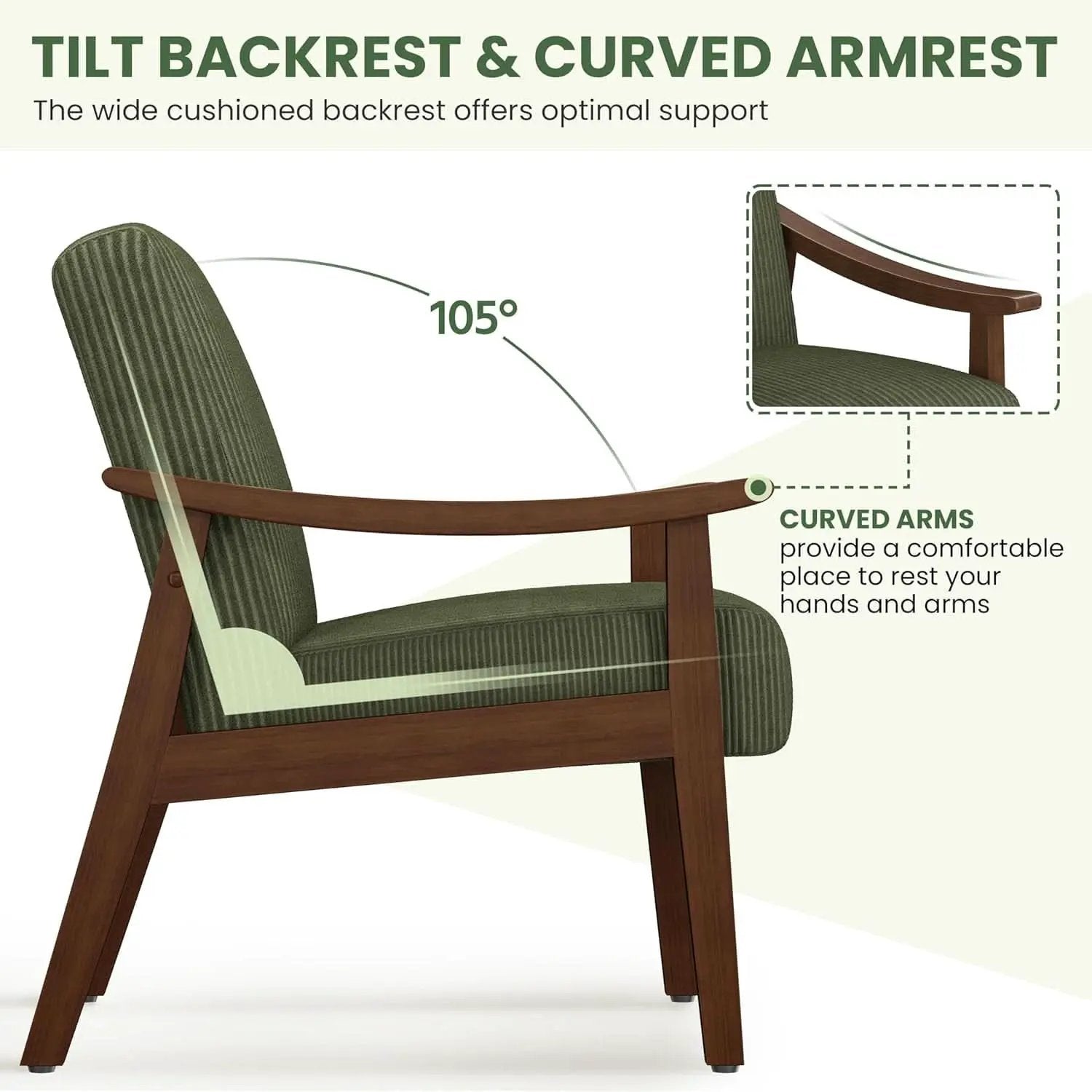 Dark Green Corduroy Armchair Mid Century Solid Wood from PriceLows™