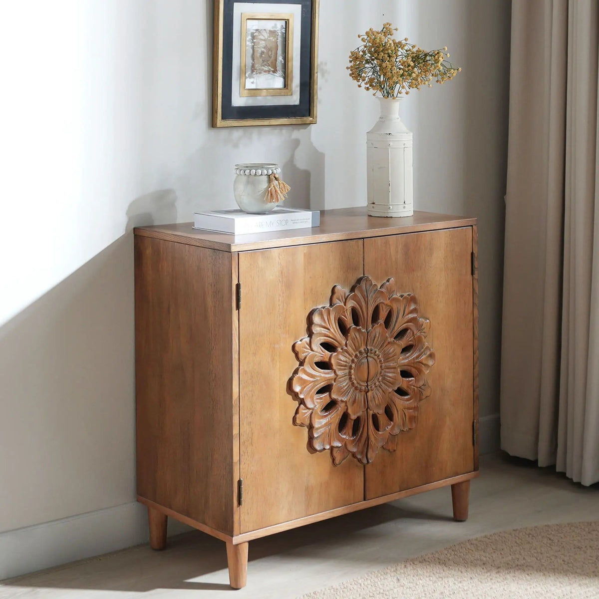 2 Door Accent Storage Cabinet With Floral Design, Sideboard For Living Room - | 31 x 15.3 x 31.7 in | Wood | Dark Brown
