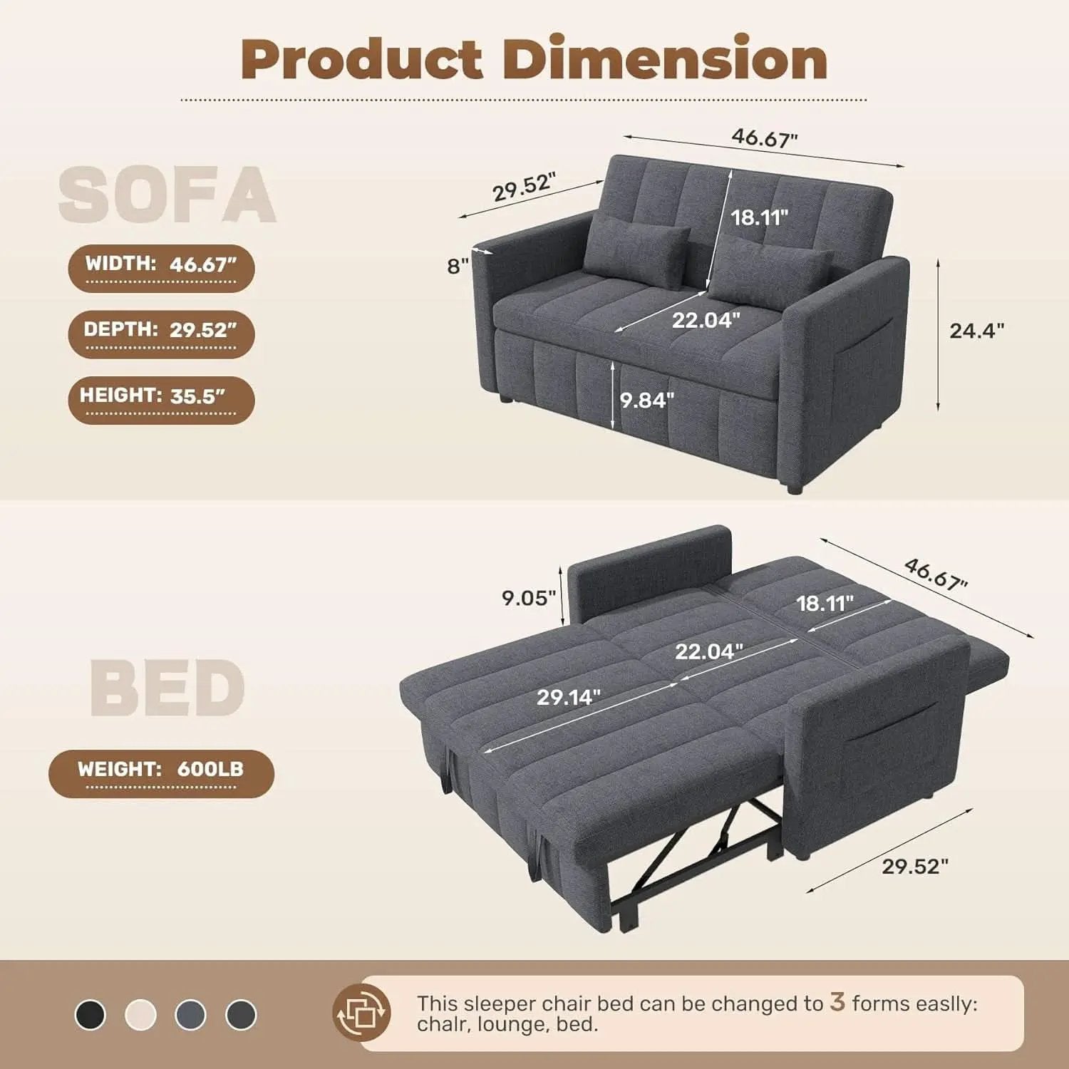 Three In One Convertible Sleeper Sofa Bed With Adjustable Backrest Light Gray from PriceLows™