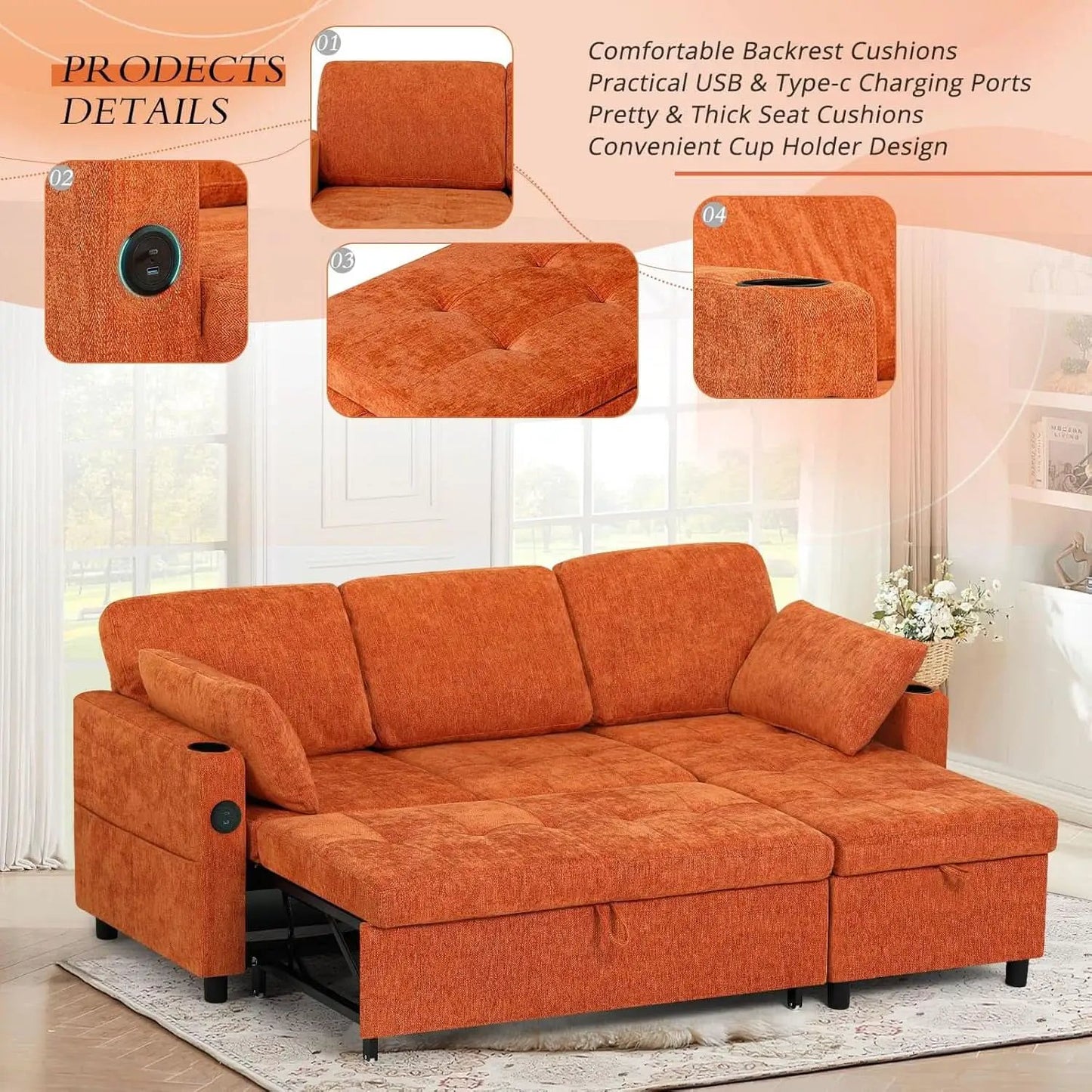 84Inches BrightOrange Chenille Pullout Sofa Bed USBPort from PriceLows™