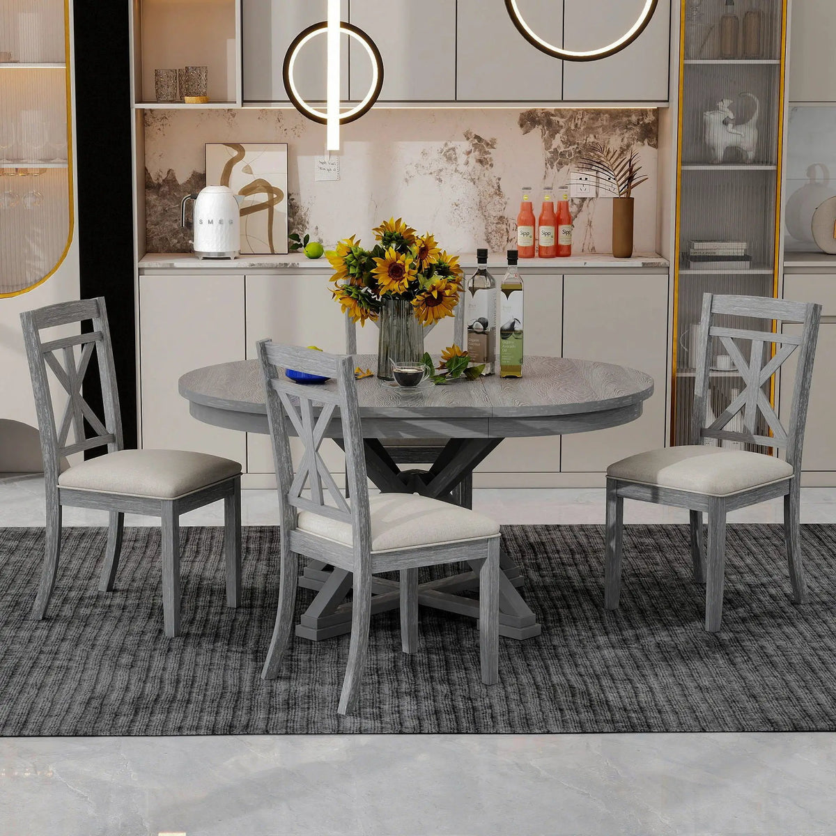 Dining Set | Extendable Round Table | 4 Upholstered Chairs | Linen