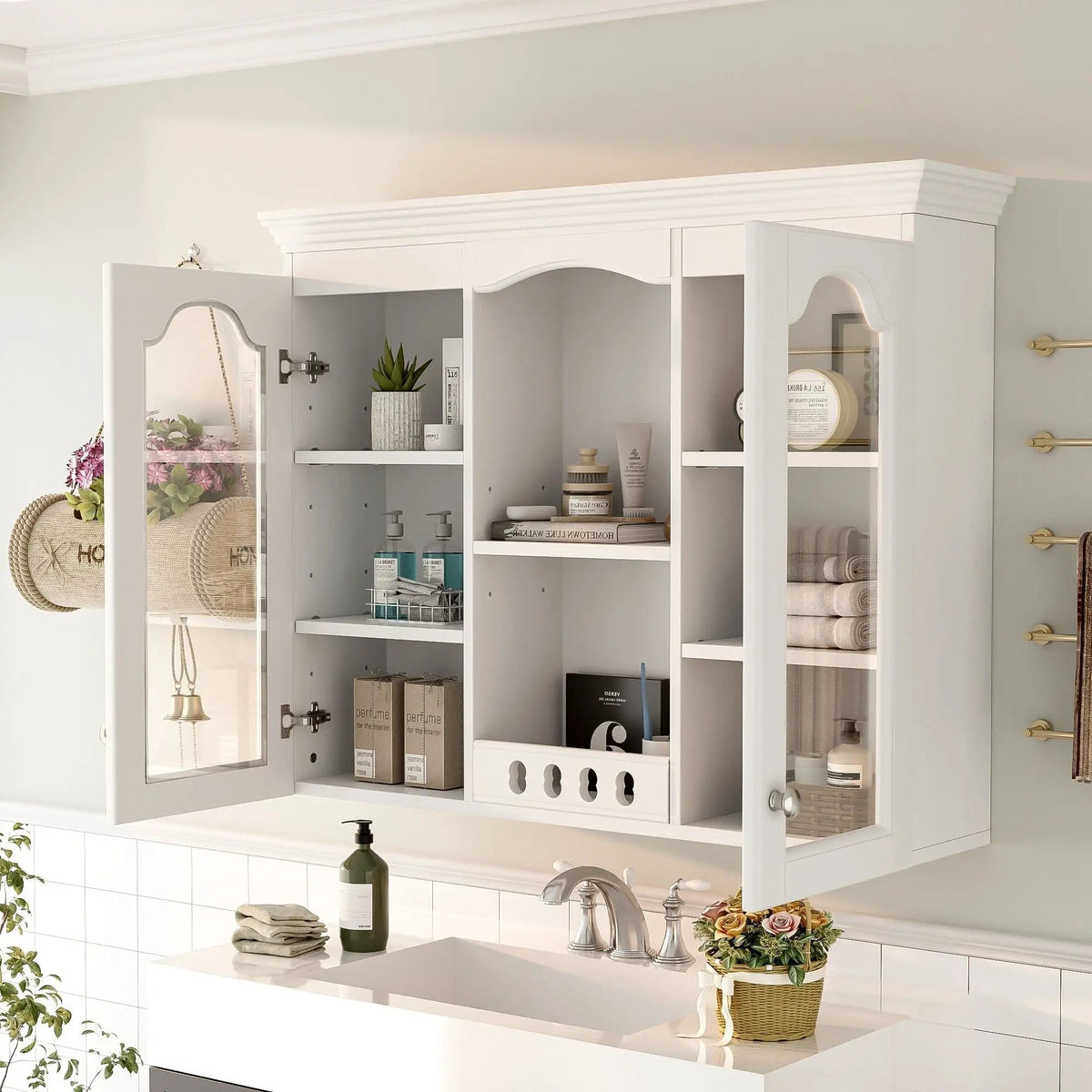 Wall-Mounted Medicine Cabinet | 2 Glass Doors | Adjustable Shelves | White