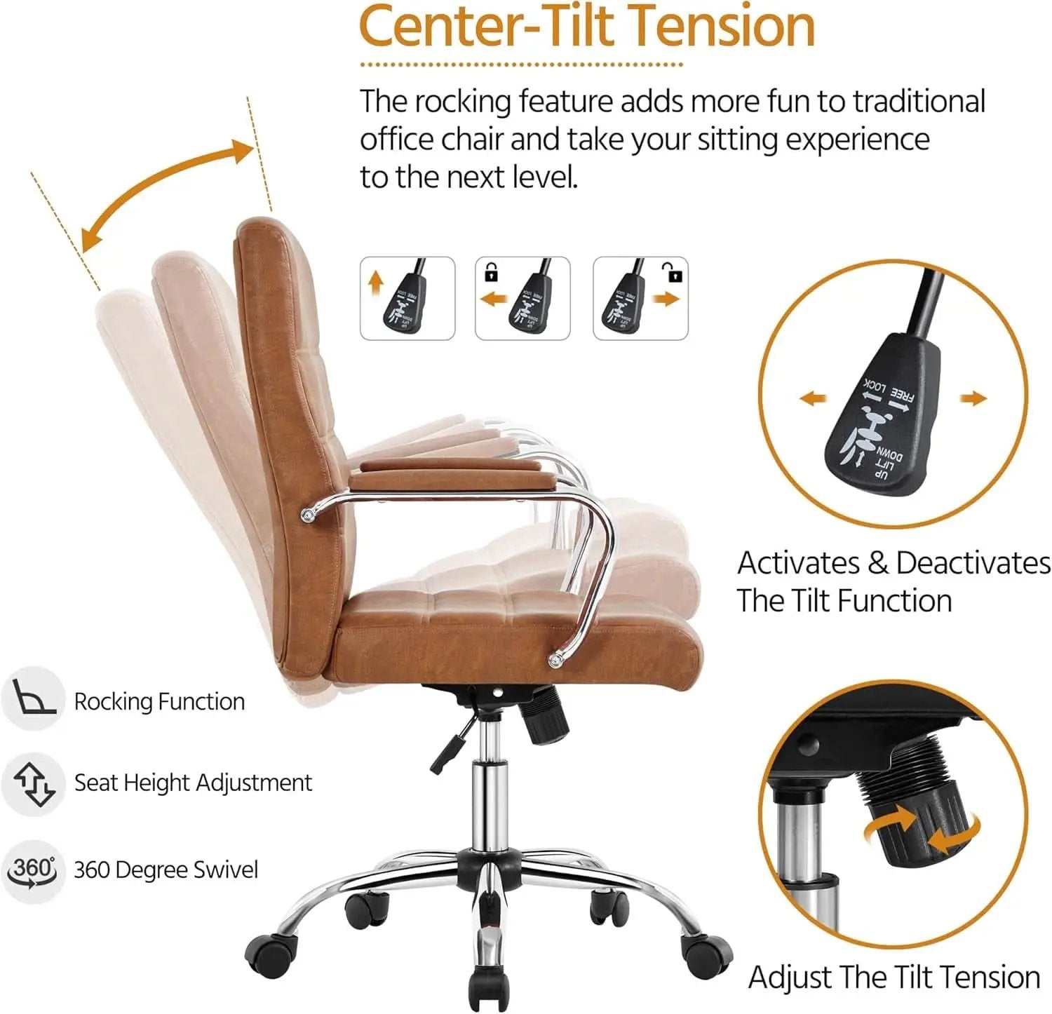 Mid Back Office Chair With Arms Brown Height Adjustable from PriceLows™