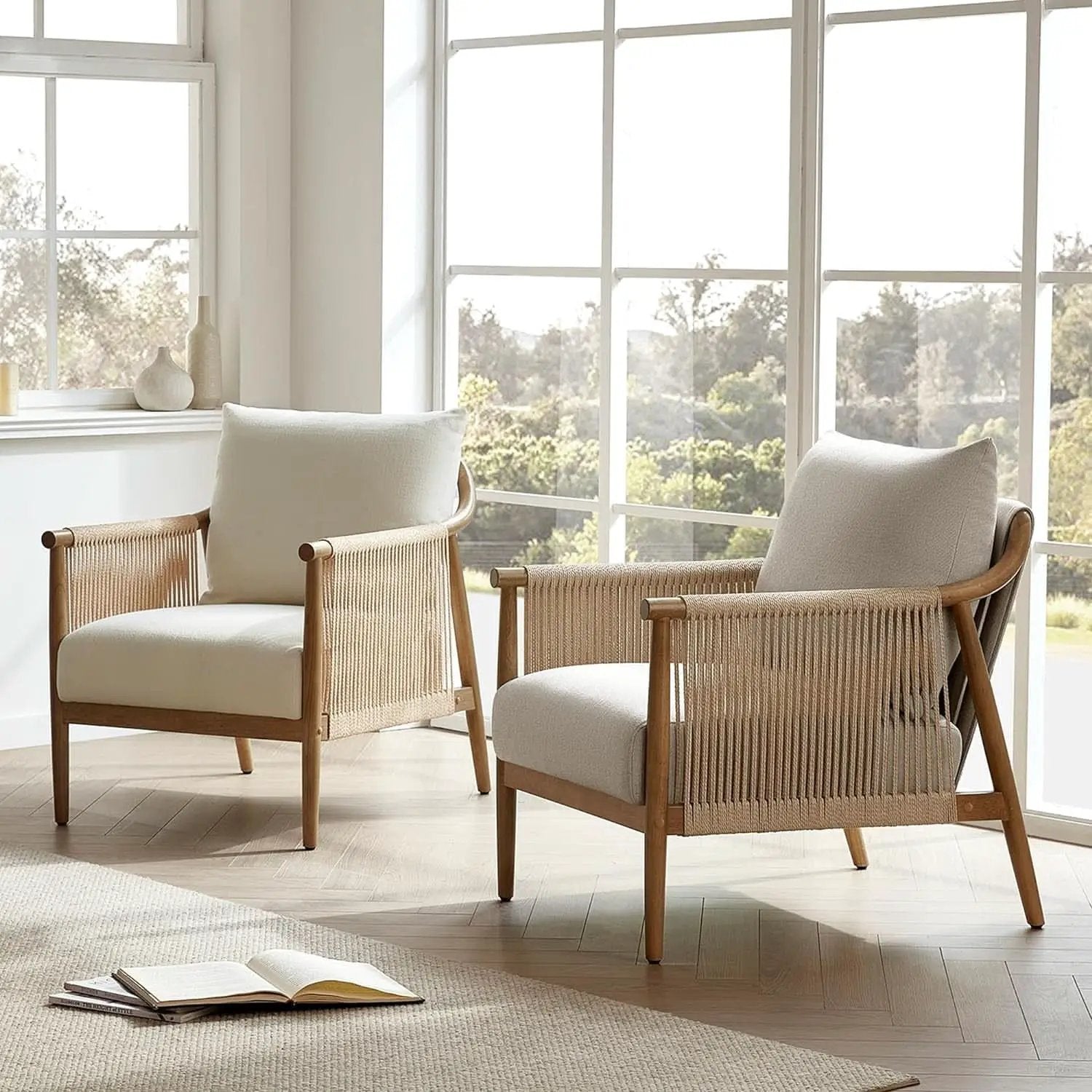 Cream Braided Accent Armchair With Wooden Armrests from PriceLows™