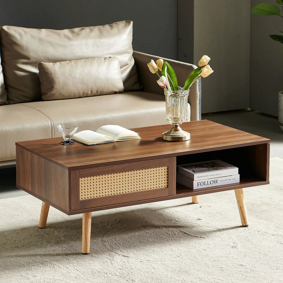 Rattan Coffee Table | 41.34 Inch Width | Sliding Storage Door | Solid Wood Legs
