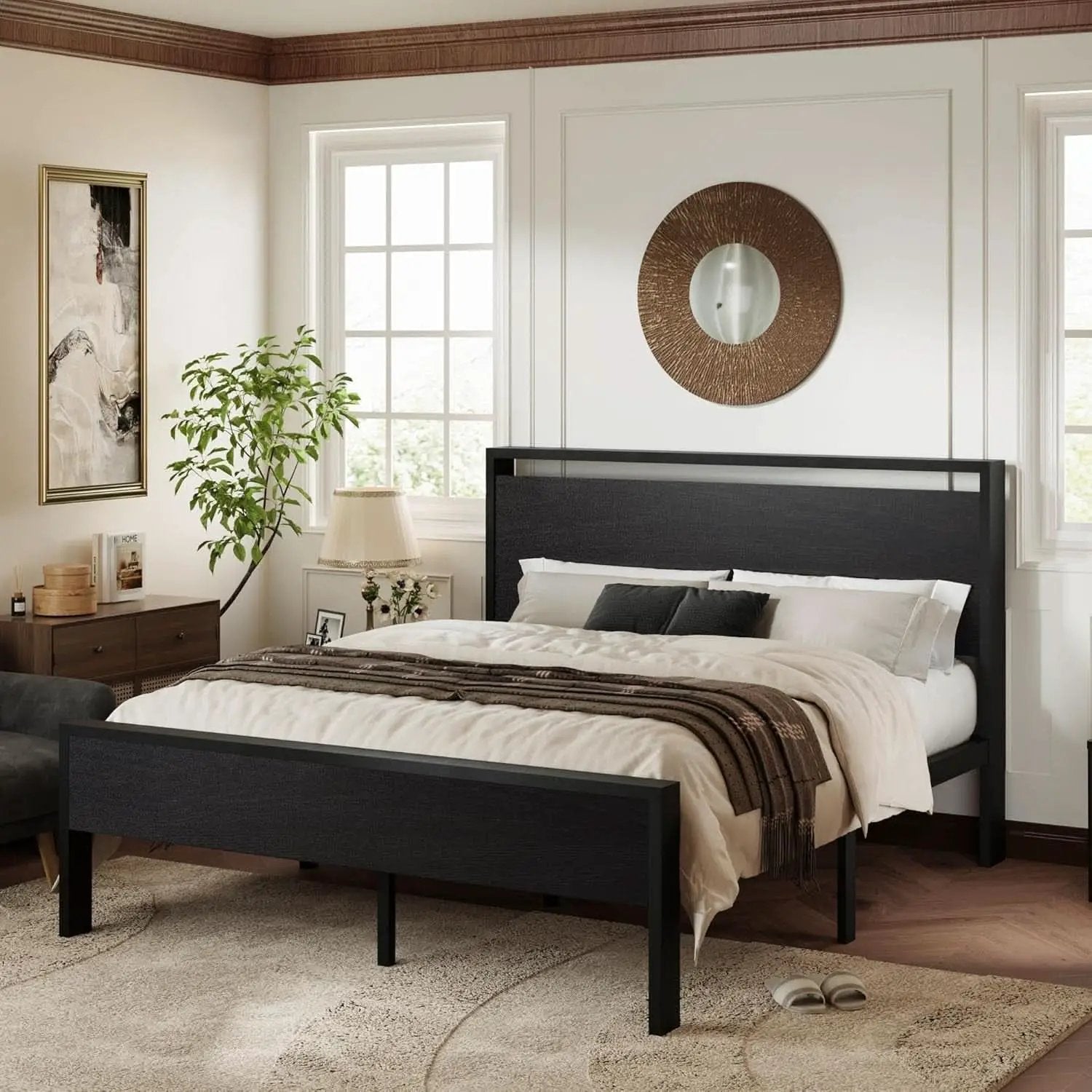 Queen Platform Bed Frame With Wooden Headboard And Footboard Black Oak from PriceLows™