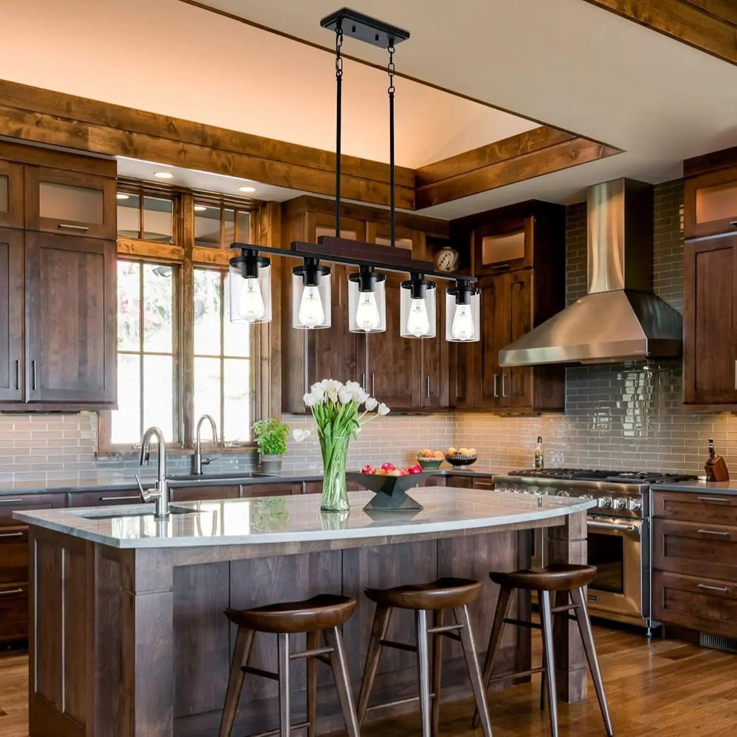 Five Light Farmhouse Linear Chandelier With Rustic Wood from PriceLows™