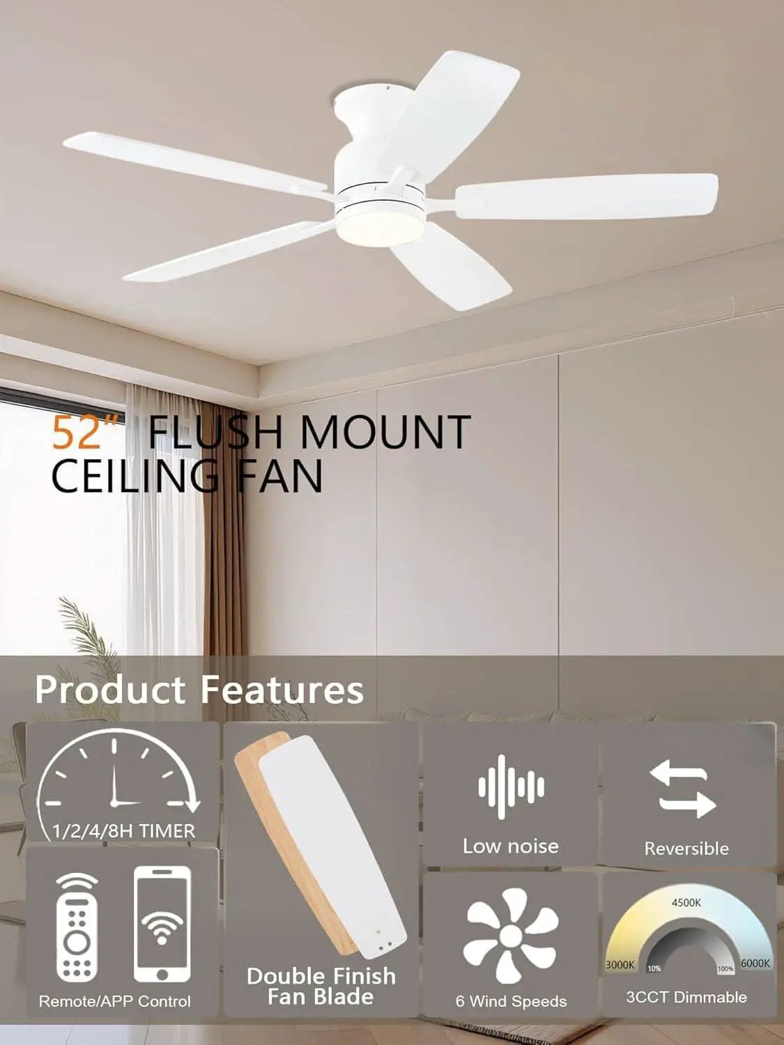 52 Inch Flush Mount Ceiling Fan Remote App Control from PriceLows™