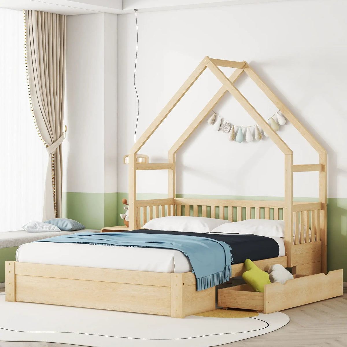 Platform Bed | Solid Pine Frame | Full Guardrail | 2 Drawers