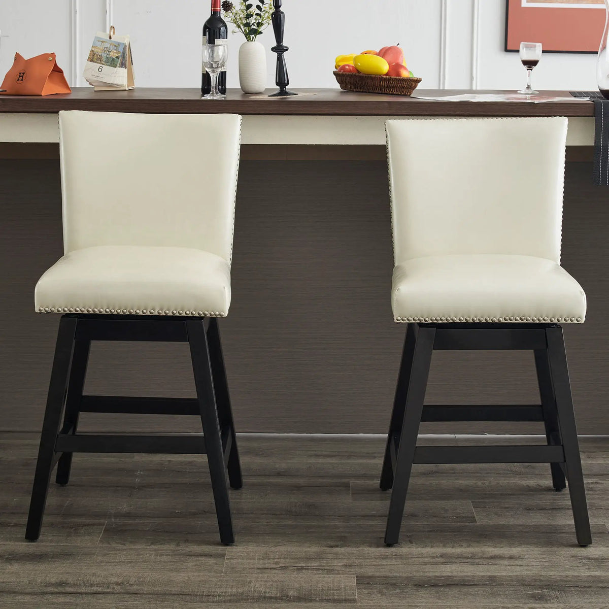 Upholstered Bar Stools | High Back Swivel | Durable PU Leather | Set Two Cream