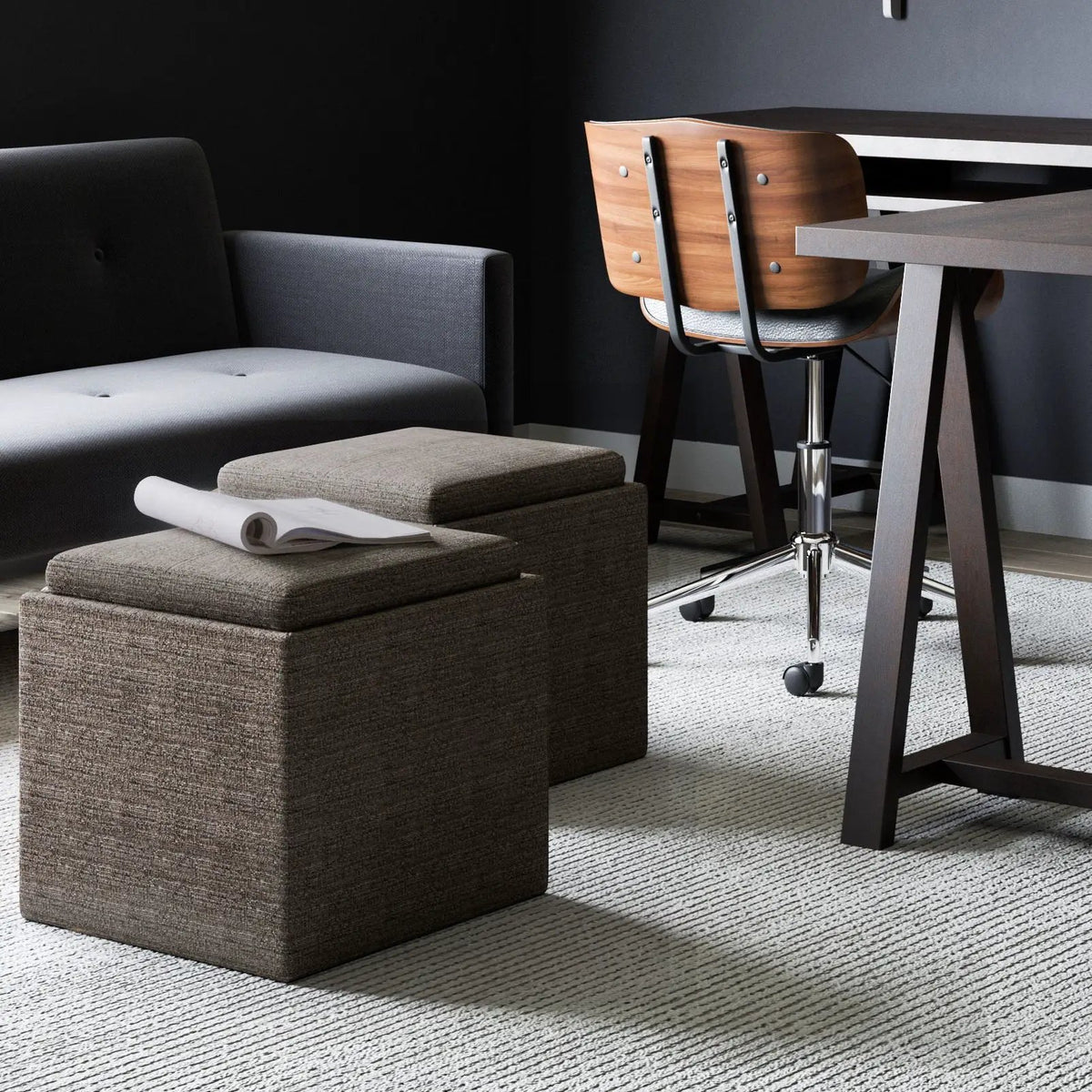Rockwood Upholstered Cube Ottoman | Flip Over Serving Tray | Large Interior Storage | 16.9 Inch Cube