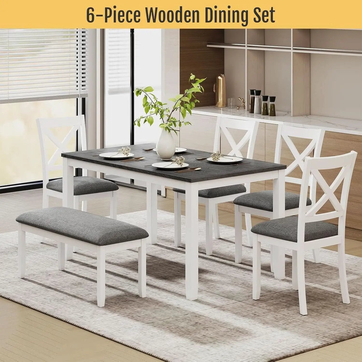 White Slate Grey Solid Wood Contemporary Dining Table Six Seater from PriceLows™