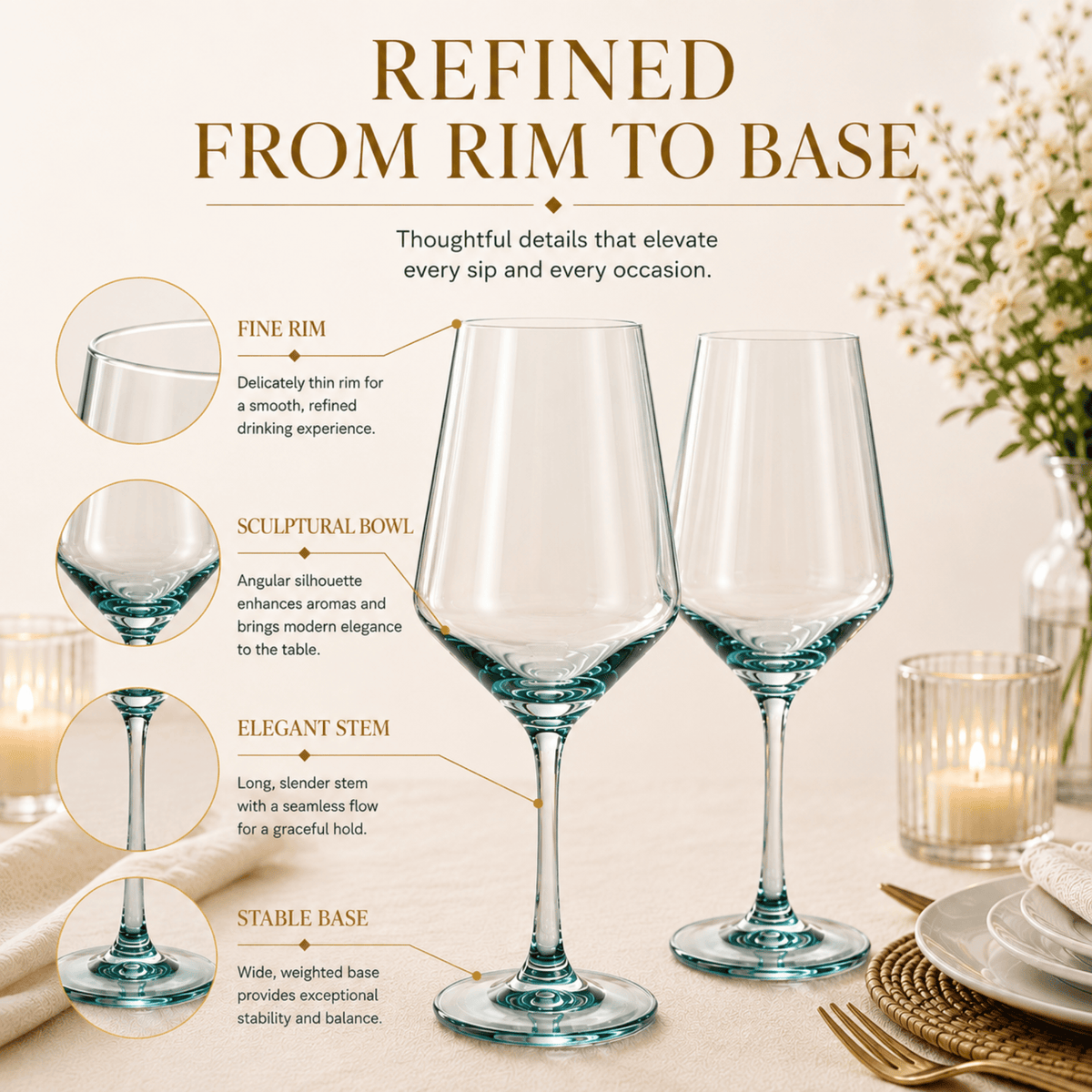Tonal Stemmed Wine Glassware, Forest Green (Style 2) | 12 oz | Set of 2 | Entertaining