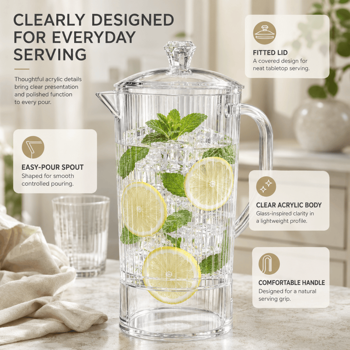 Barcelona Acrylic Pitcher with Lid | 65 oz | Acrylic | Entertaining
